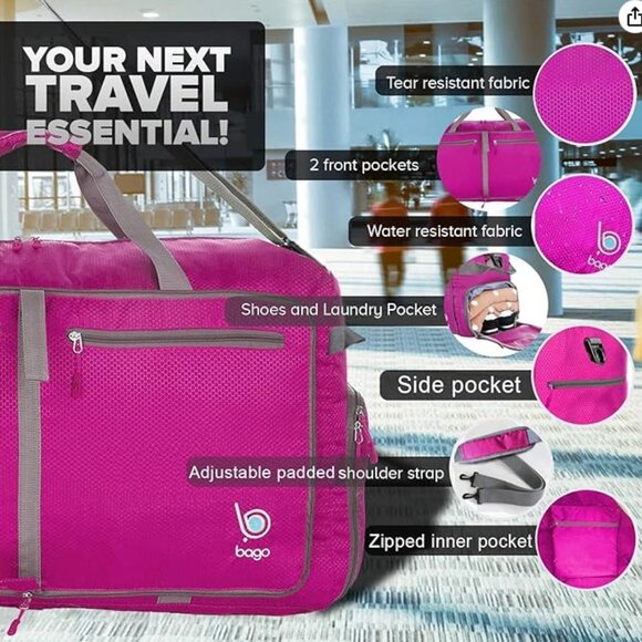 Bago Foldable Duffel Bag for Traveling Pink 60L Packable Duffle Lightweight - Picture 11 of 12